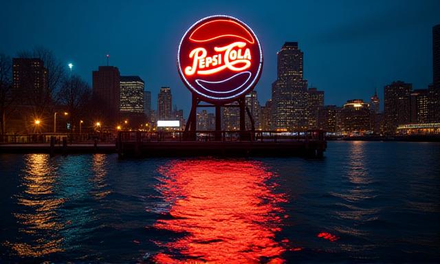 Industrial era brick buildings and neon signs in Long Island City reflected in the water