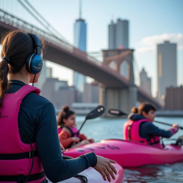 Professional instructor guiding kayakers on the river