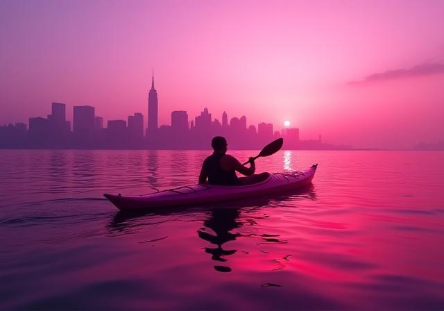 Kayaker paddling past the Empire State Building silhouette at dusk