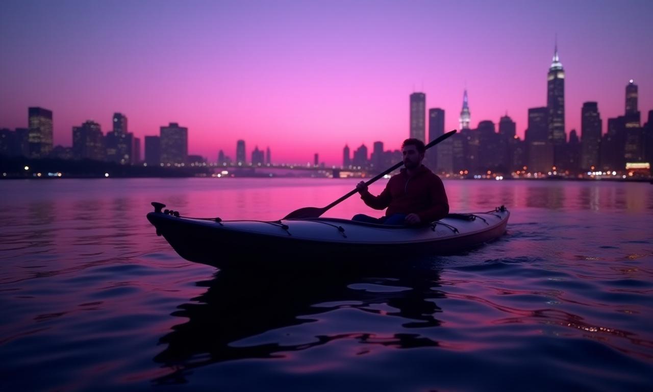 Kayak silhouette against the NYC skyline at twilight