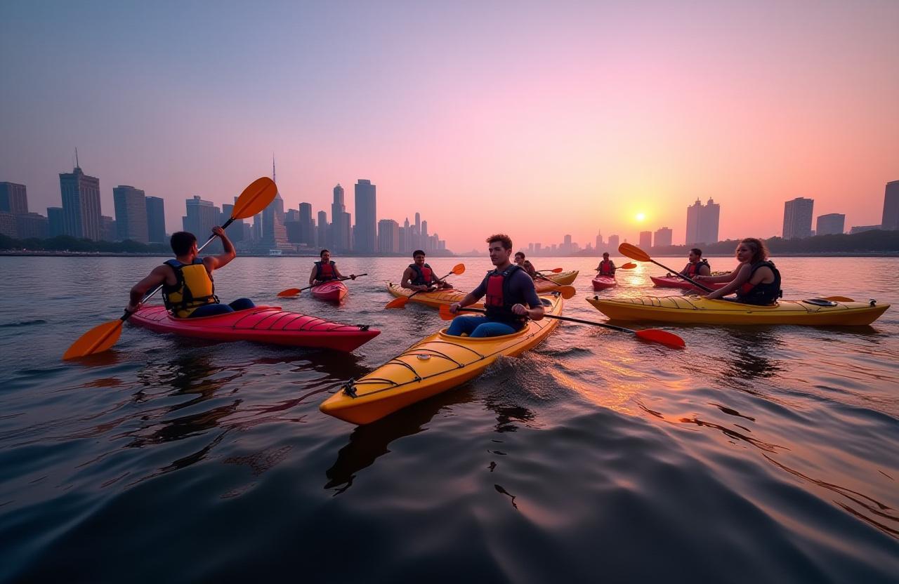 Custom kayaking expedition group at sunset in NYC