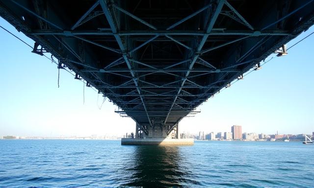 Close up view of the underside of the Manhattan Bridge from a kayak