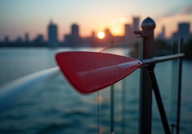 Kayak oars resting on the waterfront with NYC skyline in distance